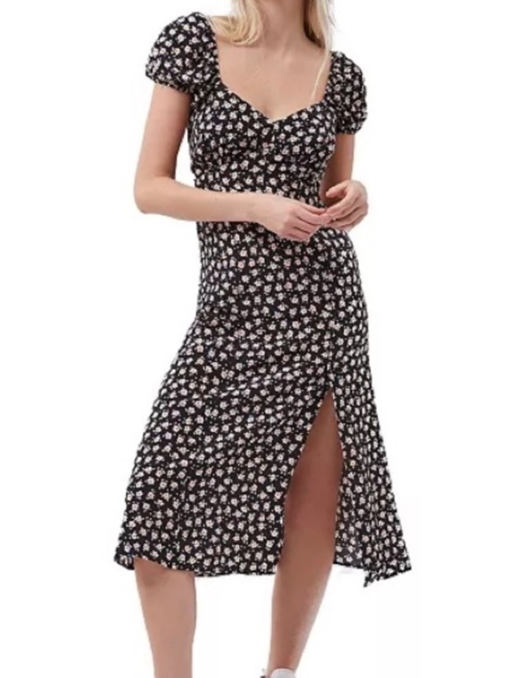 French Connection Aura Puff Sleeve, Floral Midi Dress with Slit
